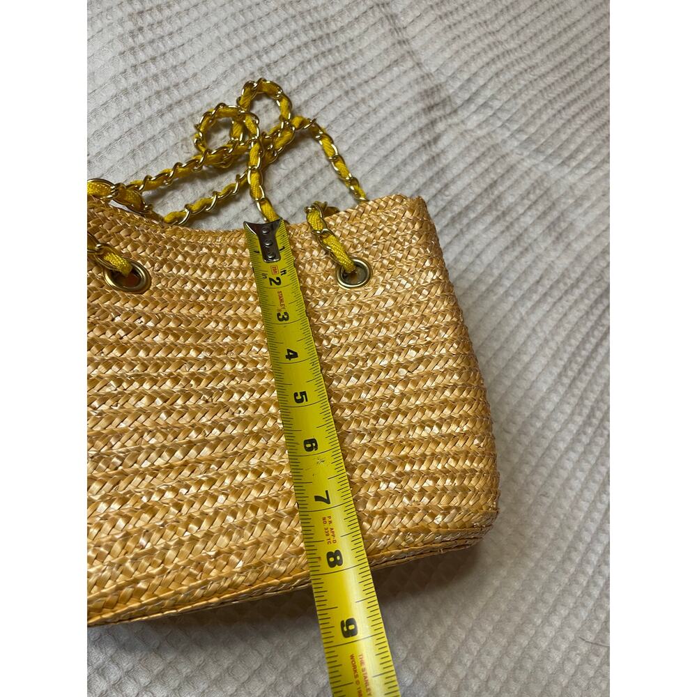 VTG Worthington Straw Bucket Bag W/ Gold Chain Strap & Bright Yellow Lining - Picture 7 of 12